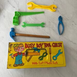 Vintage Busy Boy Tool Metal Chest Box & Soft flexible Plastic Tools Ohio Art Co.